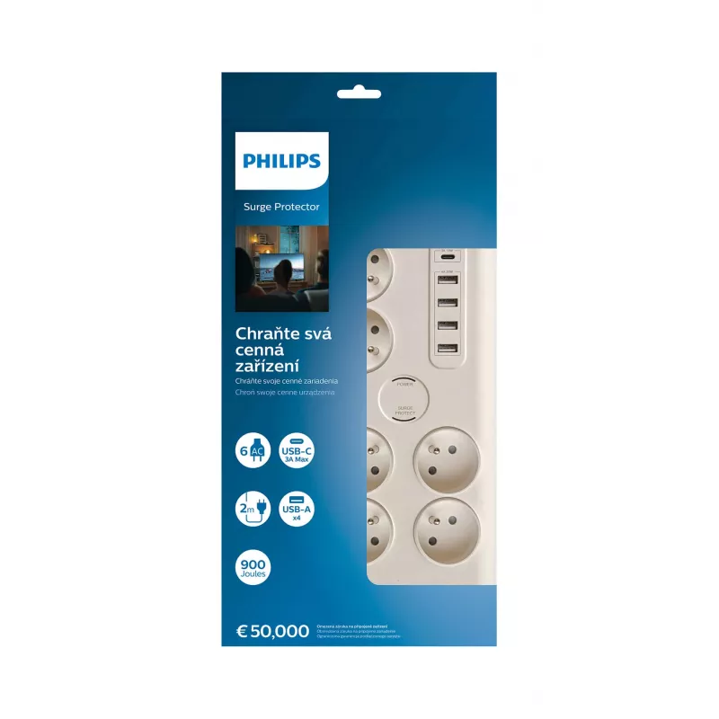 Philips SPN7060WA/60 apsauginis šakotuvas, baltas, 6 AC lizdai, 2 m