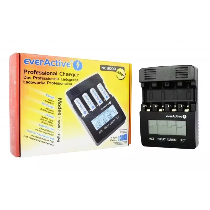 Baterijų įkroviklis everActive NC-3000 — universalus AA/AAA/C/D (4 celių) įkroviklis, juodas, 100–240 V