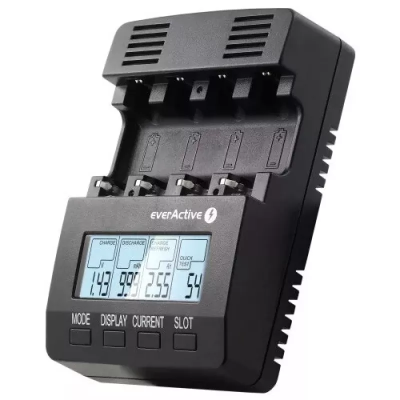 Baterijų įkroviklis everActive NC-3000 — universalus AA/AAA/C/D (4 celių) įkroviklis, juodas, 100–240 V