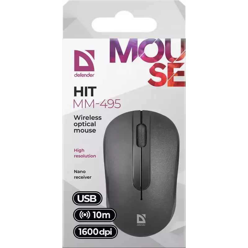 Belaidė optinė pelė DEFENDER HIT MM-495 RF, ambidekstrinė, 1600 DPI, USB RF imtuvas, juoda