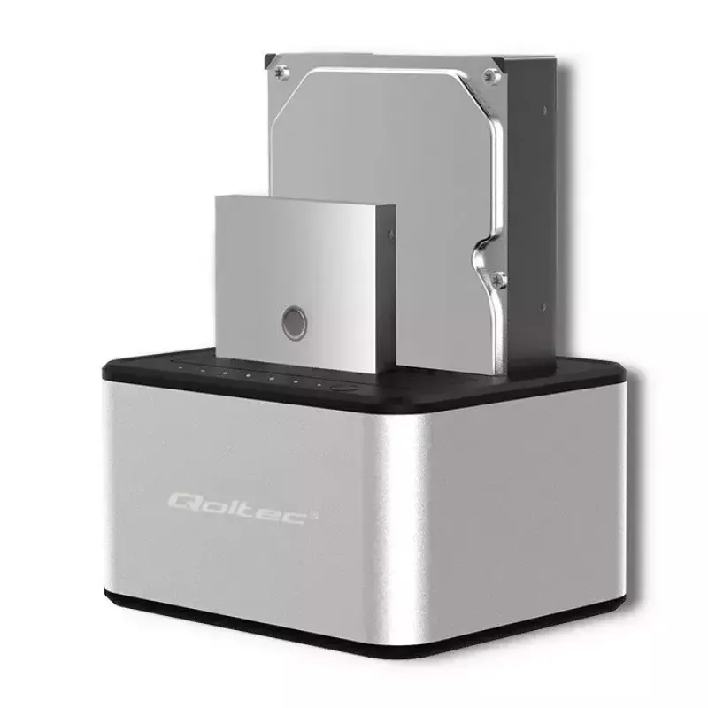 Docking stotelė QOLTEC 5316, skirta 2x 2,5/3,5 colio HDD/SSD, SATA, USB 3.0 (5 Gb/s), aliuminio korpusas