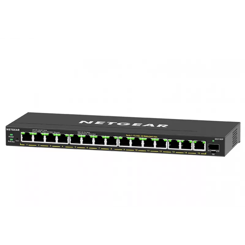 NETGEAR GS316EP-100PES tinklo jungiklis Valdomas Gigabit Ethernet (10/100/1000) Power over Ethernet (PoE) Juoda