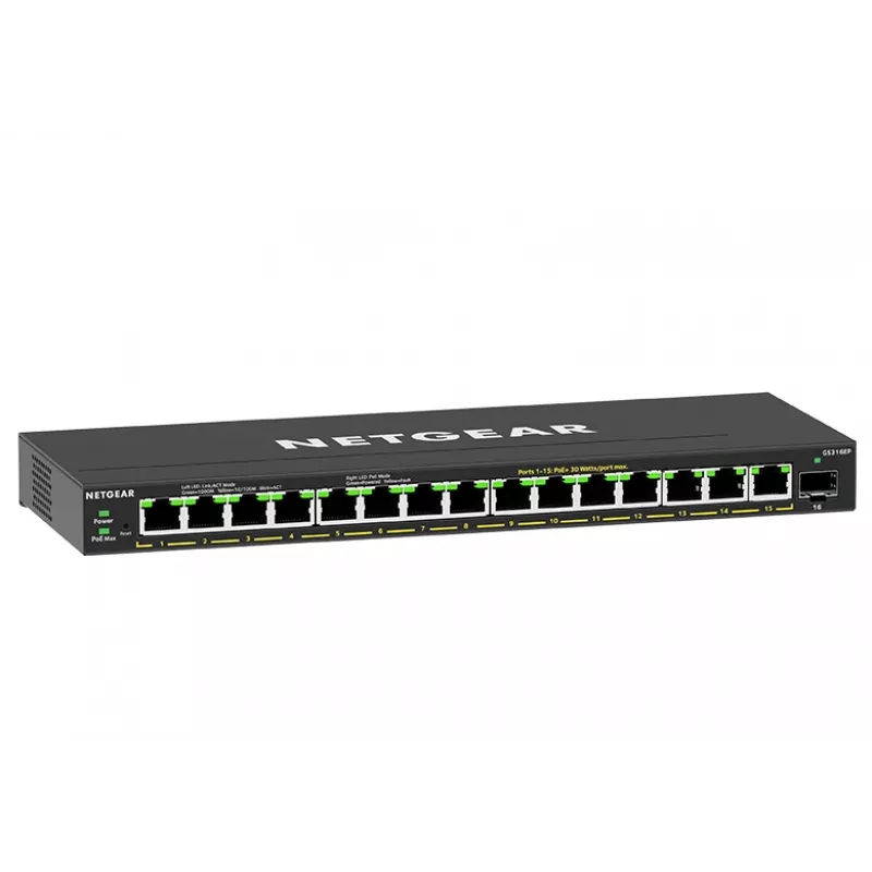 NETGEAR GS316EP-100PES tinklo jungiklis Valdomas Gigabit Ethernet (10/100/1000) Power over Ethernet (PoE) Juoda