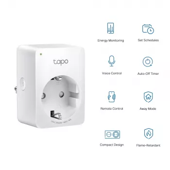 TP-Link Tapo Mini Smart Wi-Fi kištukas su energijos stebėjimu, vidaus, baltas, namams, biurui, būsena, Android, iOS, belaidis