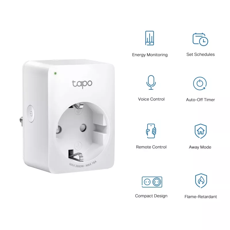 TP-Link Tapo Mini Smart Wi-Fi kištukas su energijos stebėjimu, vidaus, baltas, namams, biurui, būsena, Android, iOS, belaidis