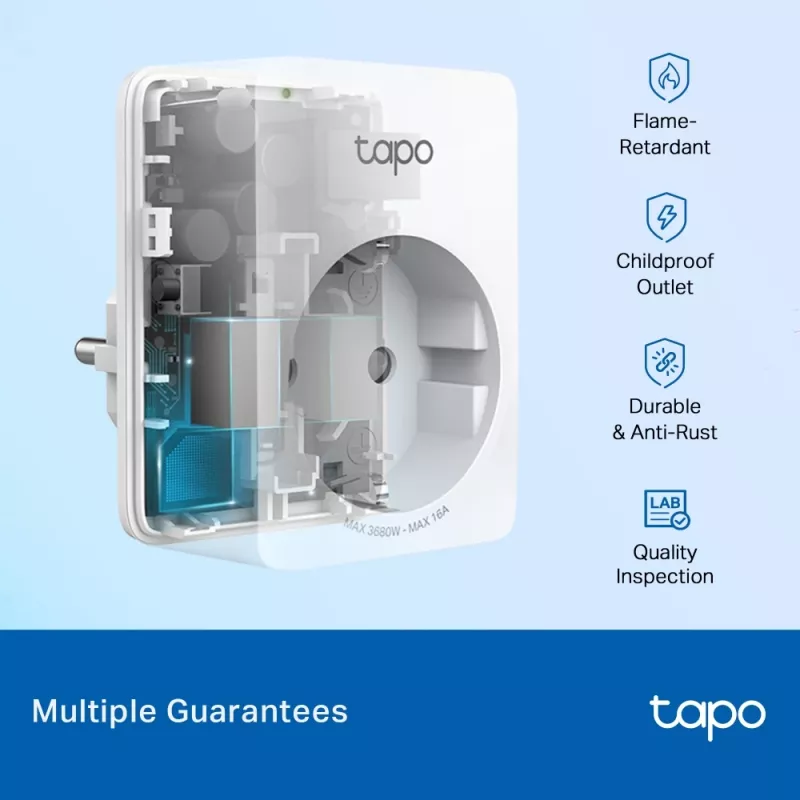 TP-Link Tapo Mini Smart Wi-Fi kištukas su energijos stebėjimu, vidaus, baltas, namams, biurui, būsena, Android, iOS, belaidis
