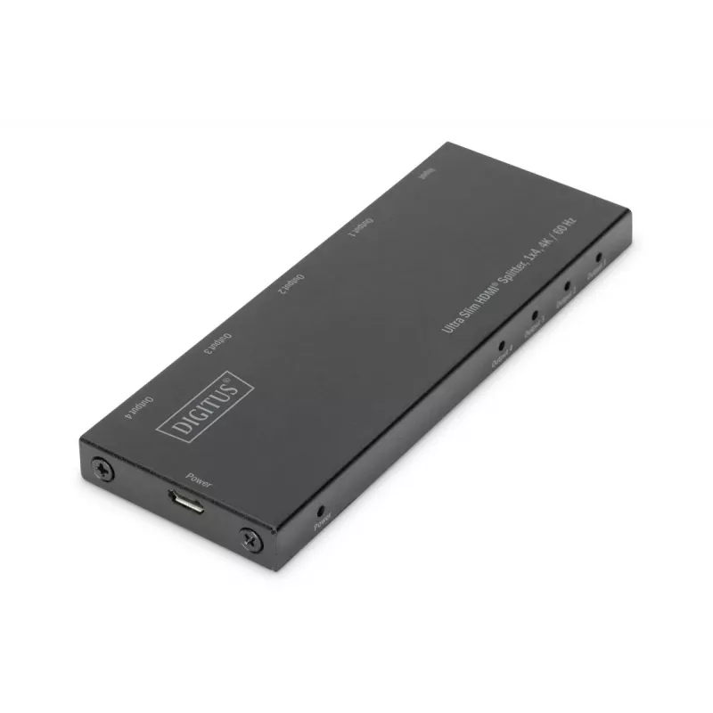 DIGITUS Ultra plonas HDMI skirstytuvas, 1x4, 4K/60Hz HDR, HDCP 2.2, 18 Gbps, maitinamas per Micro USB