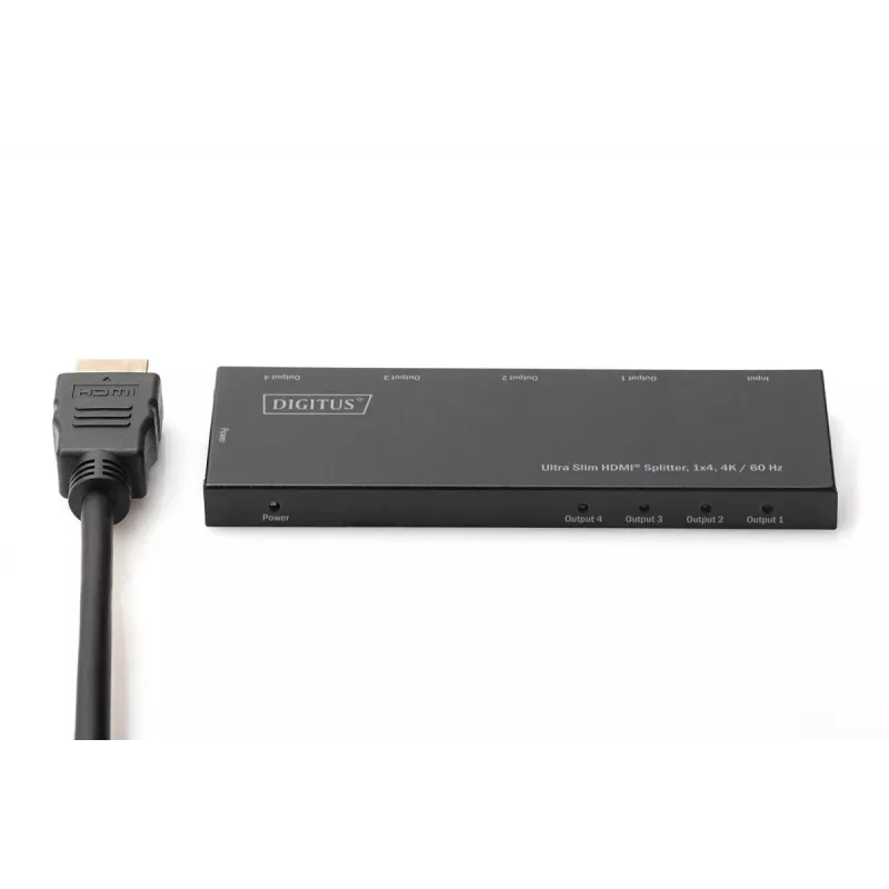 DIGITUS Ultra plonas HDMI skirstytuvas, 1x4, 4K/60Hz HDR, HDCP 2.2, 18 Gbps, maitinamas per Micro USB