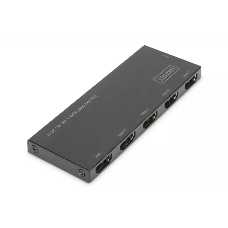 DIGITUS Ultra plonas HDMI skirstytuvas, 1x4, 4K/60Hz HDR, HDCP 2.2, 18 Gbps, maitinamas per Micro USB