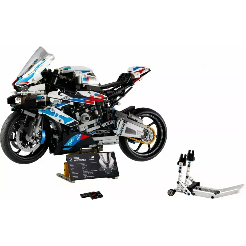 LEGO Technic motociklo modelis BMW M1000RR 42130 su detaliu varikliu ir veikiančia pakaba