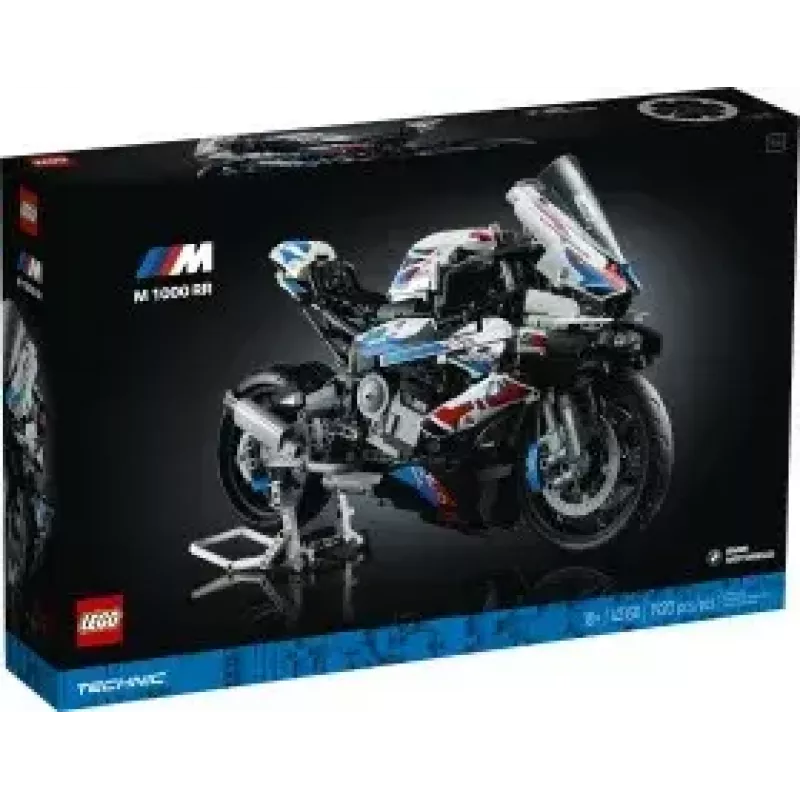 LEGO Technic motociklo modelis BMW M1000RR 42130 su detaliu varikliu ir veikiančia pakaba