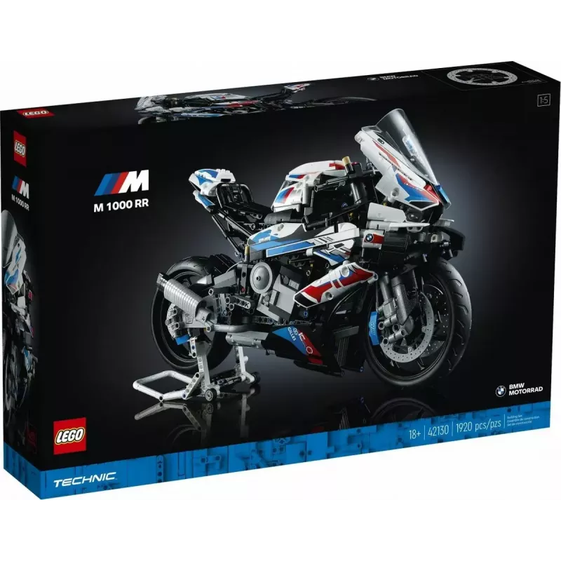 LEGO Technic motociklo modelis BMW M1000RR 42130 su detaliu varikliu ir veikiančia pakaba