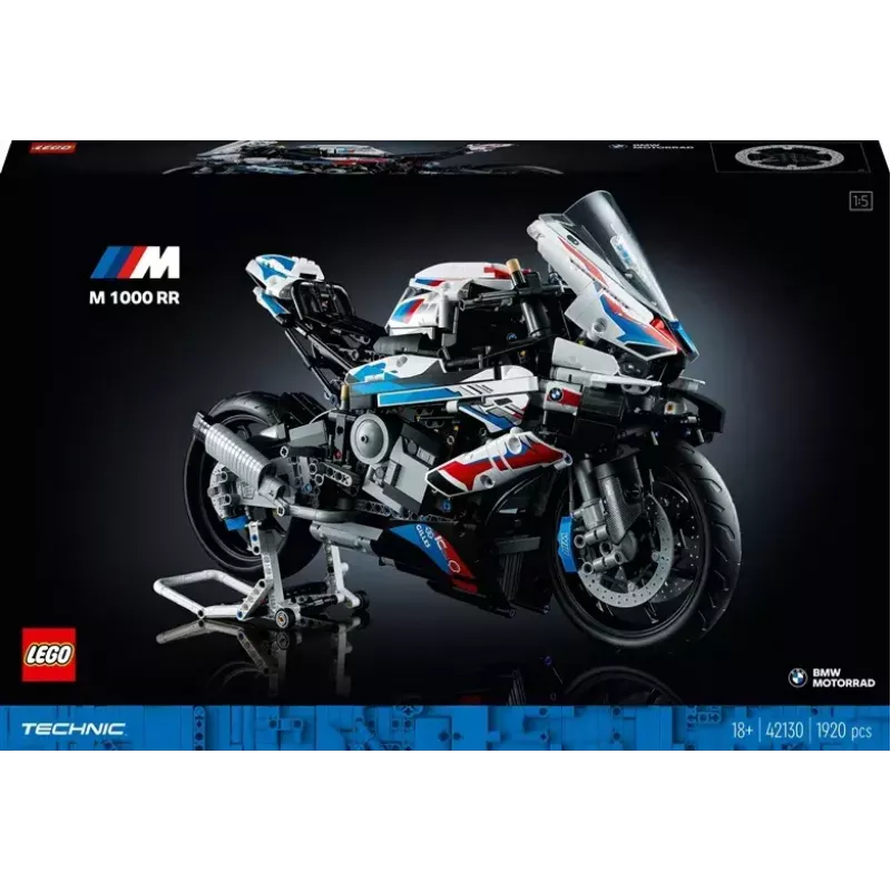 LEGO Technic motociklo modelis BMW M1000RR 42130 su detaliu varikliu ir veikiančia pakaba