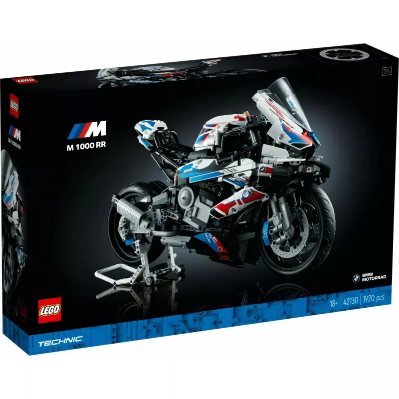 LEGO Technic motociklo modelis BMW M1000RR 42130 su detaliu varikliu ir veikiančia pakaba