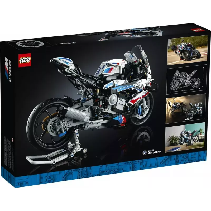 LEGO Technic motociklo modelis BMW M1000RR 42130 su detaliu varikliu ir veikiančia pakaba