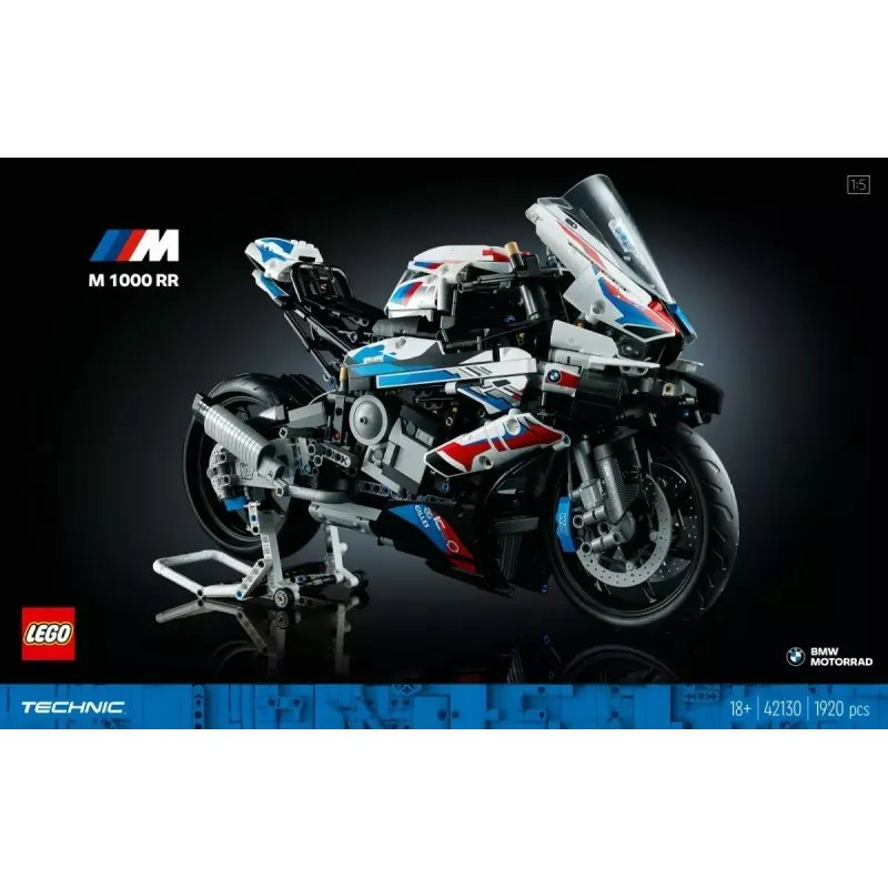 LEGO Technic motociklo modelis BMW M1000RR 42130 su detaliu varikliu ir veikiančia pakaba