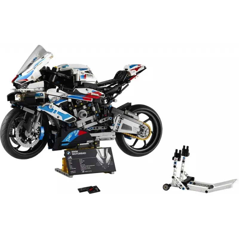 LEGO Technic motociklo modelis BMW M1000RR 42130 su detaliu varikliu ir veikiančia pakaba