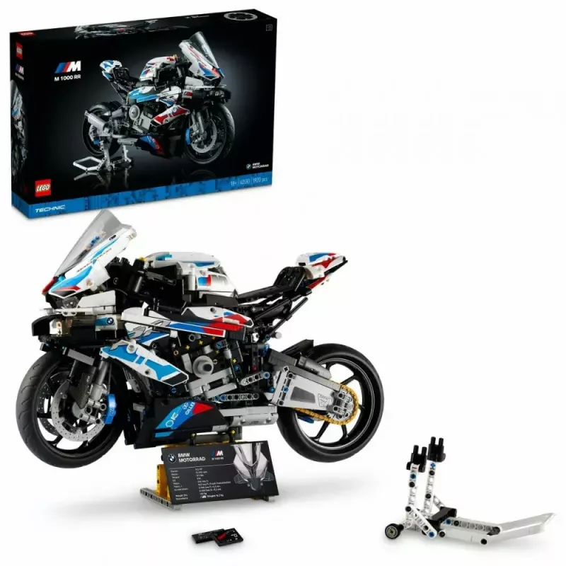 LEGO Technic motociklo modelis BMW M1000RR 42130 su detaliu varikliu ir veikiančia pakaba