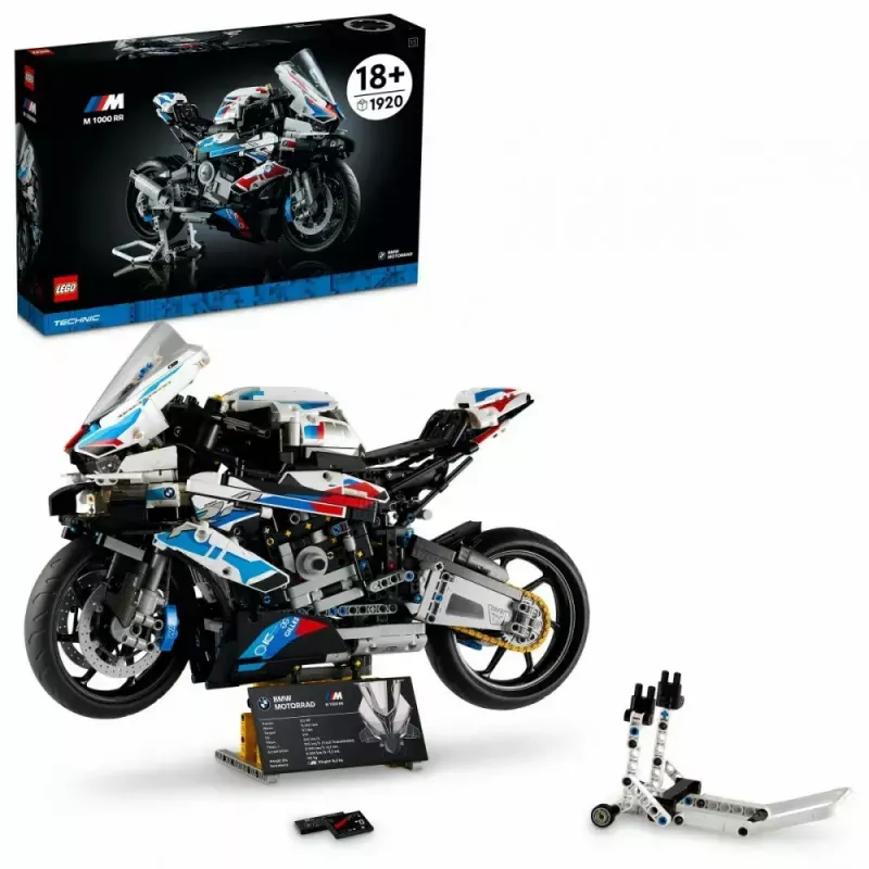 LEGO Technic motociklo modelis BMW M1000RR 42130 su detaliu varikliu ir veikiančia pakaba