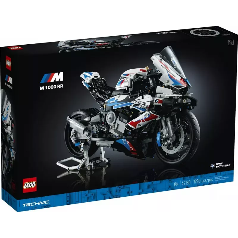 LEGO Technic motociklo modelis BMW M1000RR 42130 su detaliu varikliu ir veikiančia pakaba