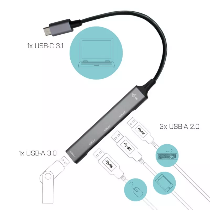 i-tec Metal USB-C HUB 1x USB 3.0 + 3x USB 2.0, USB 3.2 Gen 1 (3.1 Gen 1) Type-C, USB 2.0, USB 3.2 Gen 1 (3.1 Gen 1) Type-A, Metalinis, Metalas, 0.19 m, Android