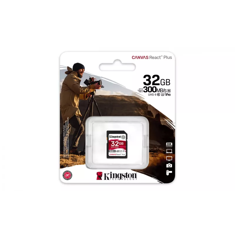 Kingston Technology 32GB Canvas React Plus SDHC UHS-II 300R/260W U3 V90, skirta Full HD/4K/8K