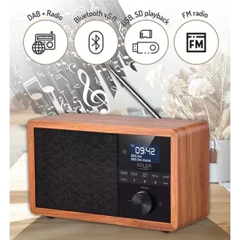 Nešiojamas radijas Adler AD 1184 su DAB+/FM/AM skaitmeniniu imtuvu, Bluetooth 5.0, 15W, SD/USB, žadintuvu, juodas/medis