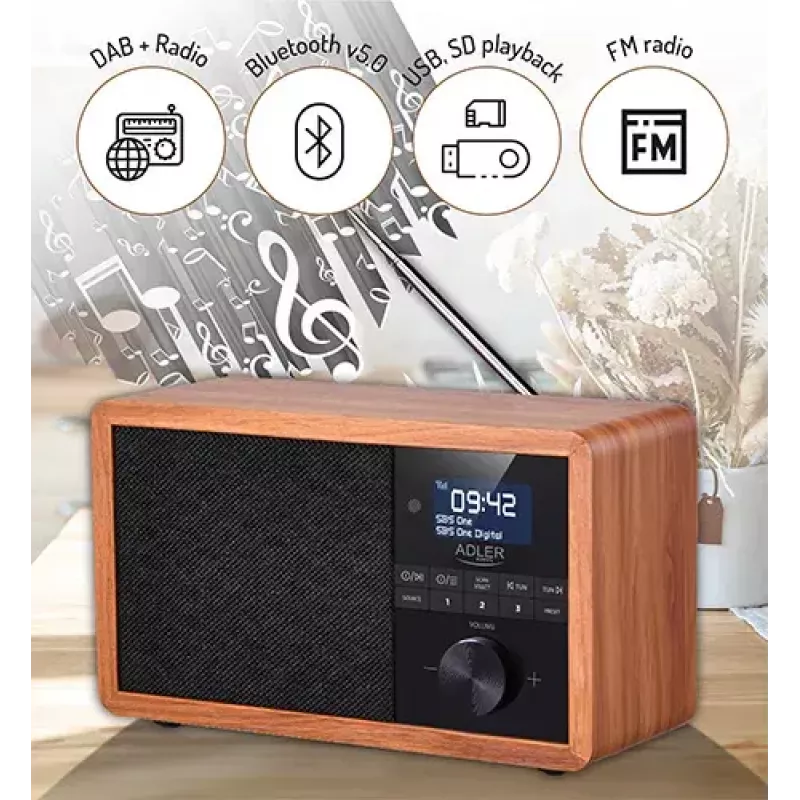 Nešiojamas radijas Adler AD 1184 su DAB+/FM/AM skaitmeniniu imtuvu, Bluetooth 5.0, 15W, SD/USB, žadintuvu, juodas/medis