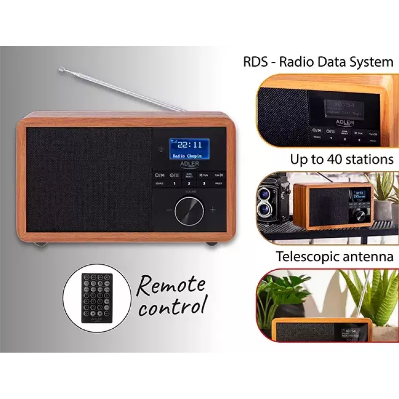 Nešiojamas radijas Adler AD 1184 su DAB+/FM/AM skaitmeniniu imtuvu, Bluetooth 5.0, 15W, SD/USB, žadintuvu, juodas/medis