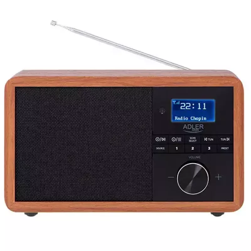 Nešiojamas radijas Adler AD 1184 su DAB+/FM/AM skaitmeniniu imtuvu, Bluetooth 5.0, 15W, SD/USB, žadintuvu, juodas/medis