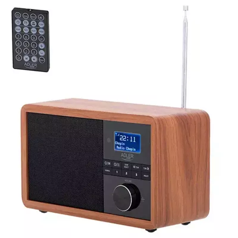 Nešiojamas radijas Adler AD 1184 su DAB+/FM/AM skaitmeniniu imtuvu, Bluetooth 5.0, 15W, SD/USB, žadintuvu, juodas/medis