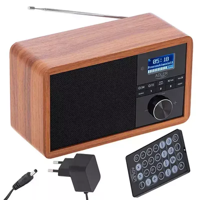Nešiojamas radijas Adler AD 1184 su DAB+/FM/AM skaitmeniniu imtuvu, Bluetooth 5.0, 15W, SD/USB, žadintuvu, juodas/medis