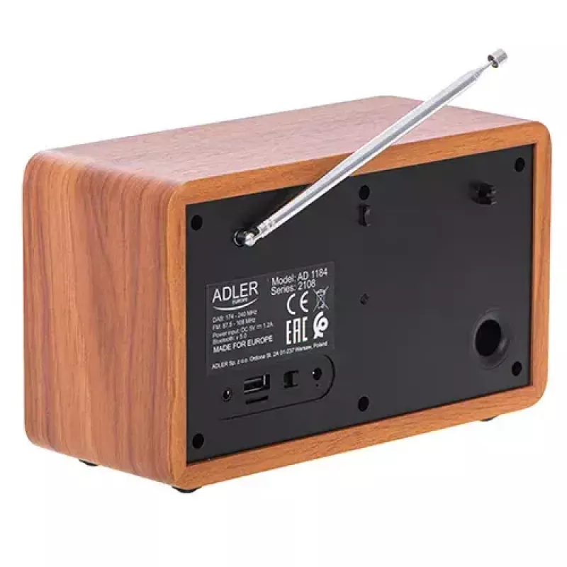 Nešiojamas radijas Adler AD 1184 su DAB+/FM/AM skaitmeniniu imtuvu, Bluetooth 5.0, 15W, SD/USB, žadintuvu, juodas/medis