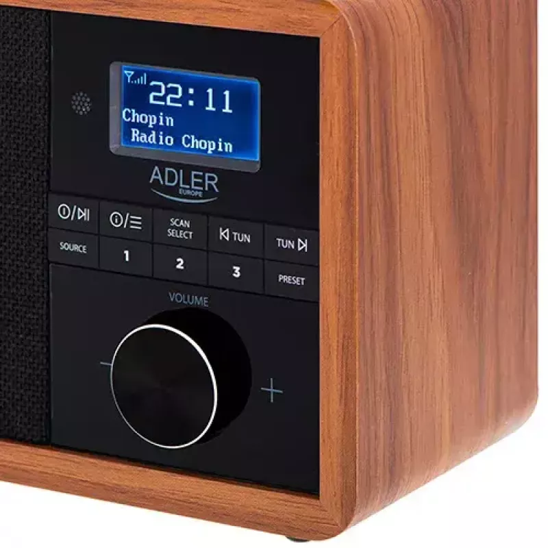 Nešiojamas radijas Adler AD 1184 su DAB+/FM/AM skaitmeniniu imtuvu, Bluetooth 5.0, 15W, SD/USB, žadintuvu, juodas/medis