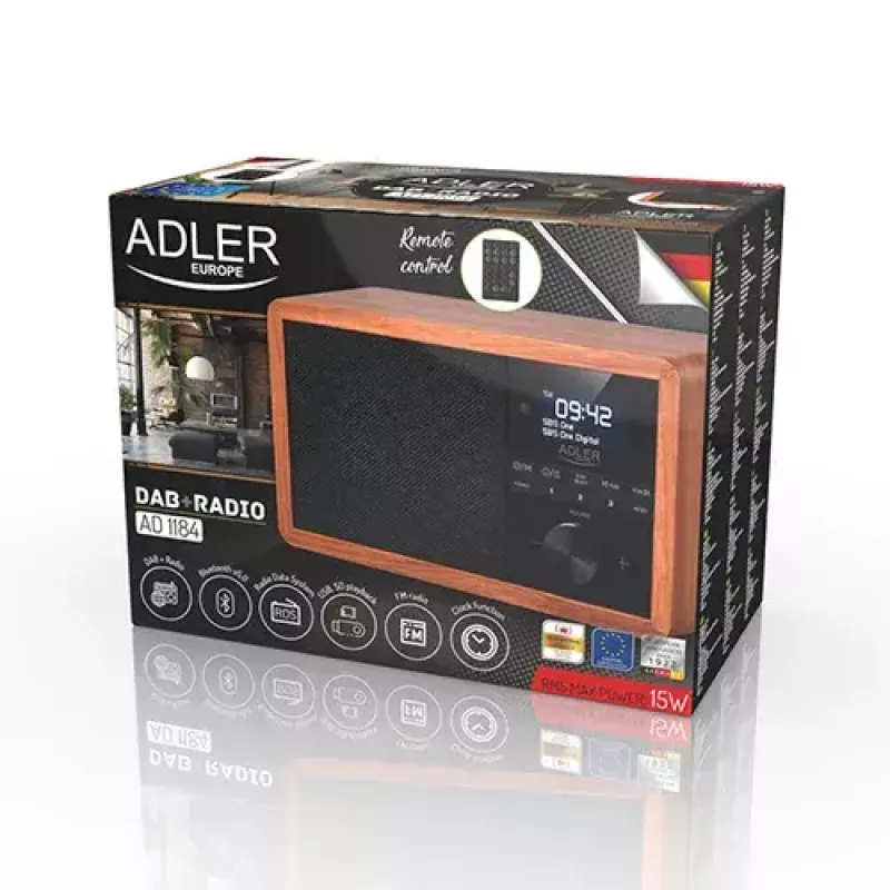 Nešiojamas radijas Adler AD 1184 su DAB+/FM/AM skaitmeniniu imtuvu, Bluetooth 5.0, 15W, SD/USB, žadintuvu, juodas/medis
