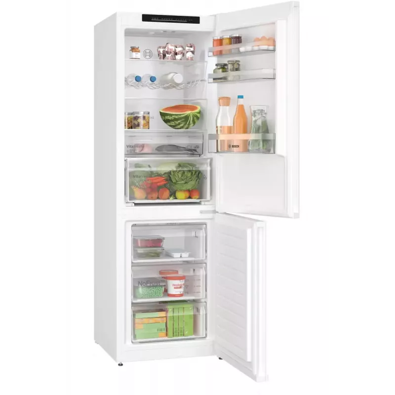 Šaldytuvas-šaldiklis Bosch Serie 4 KGN362WDF — laisvai pastatomas, 321 L (218 L šaldytuvas / 103 L šaldiklis), apatinis šaldiklis, NoFrost, baltas