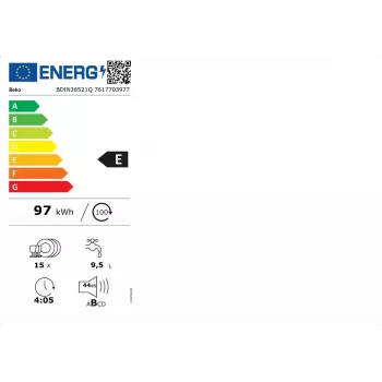Beko BDIN38521Q Pilnai įmontuojama indaplovė, 15 komplektų, 44 dB