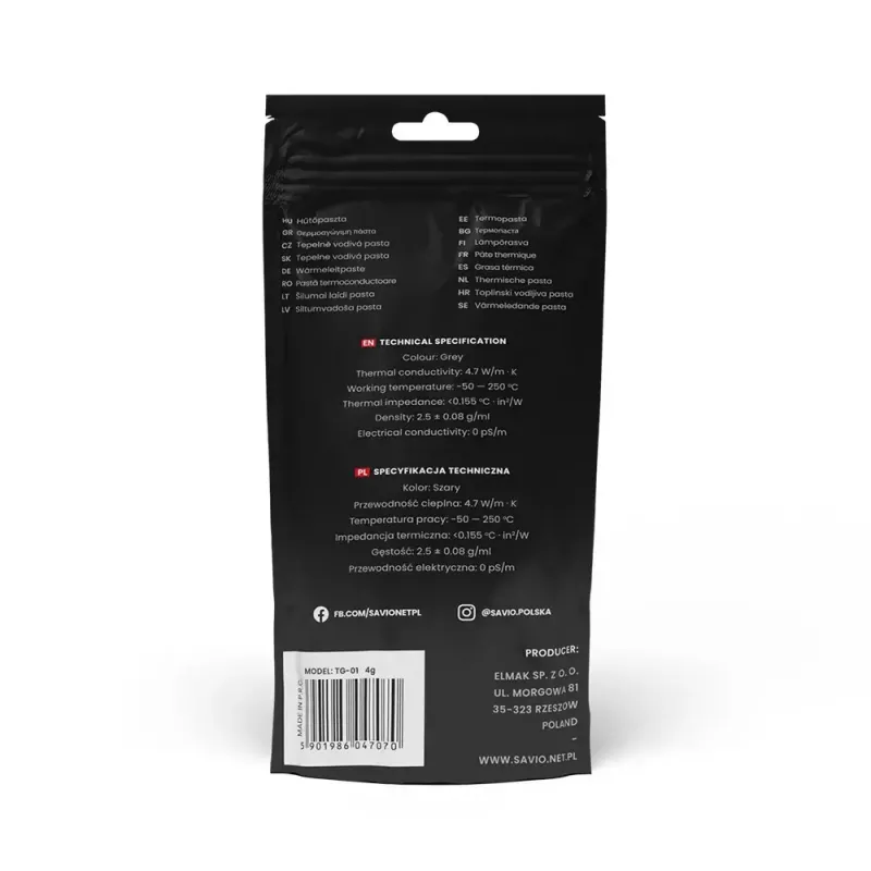 Termo pasta SAVIO TG-01, 4,7 W/m·K, 10 g, tankis 2,5 g/cm³, darbinė temperatūra –50–250 °C