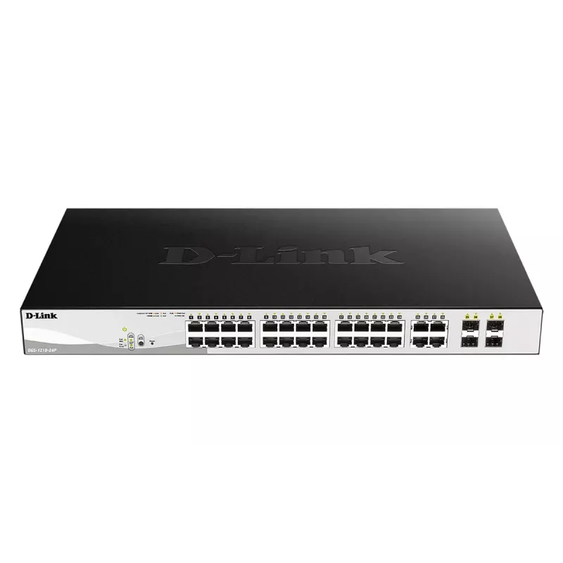 Valdomas L2 gigabito PoE komutatorius D-Link DGS-1210-24P — 24x 10/100/1000 RJ-45, IEEE 802.3af/at, 56 Gbit/s, montuojamas į stovą, juodas