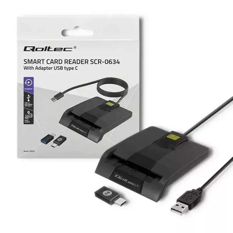 Kortelių skaitytuvas QOLTEC 50634 USB Type-C, ABS korpusas, 90×69 mm, 1,0 m laidas, juodas