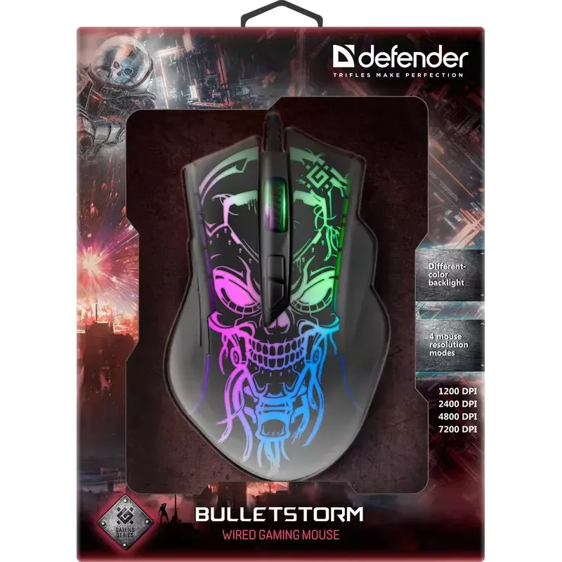 Gaming pelė DEFENDER BULLETSTORM GM-928 — optinė, 7200 DPI, ambidekstrinė, 6–7 mygtukai, USB Type-A, juoda