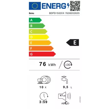 Siauras indaplovė Beko BDFS15020X, 10 komplektų, 45 cm, 47 dB, 5 programų, inverterinis variklis