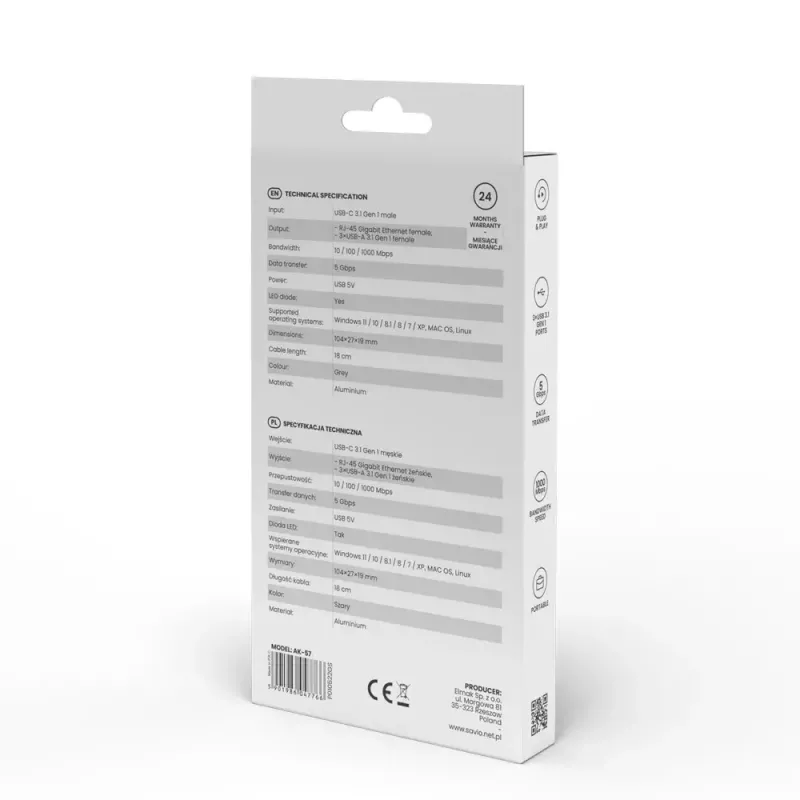 USB-C šakotuvas SAVIO AK-57 su 3× USB-A, RJ-45 Gigabit Ethernet (5000 Mbit/s), aliuminio pilka