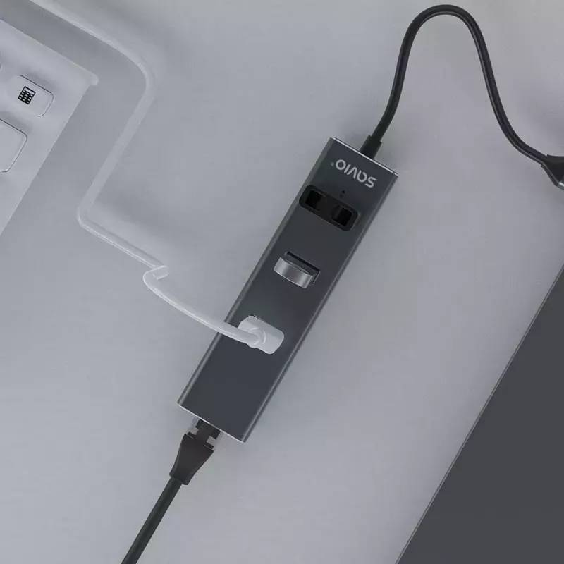 USB-C šakotuvas SAVIO AK-57 su 3× USB-A, RJ-45 Gigabit Ethernet (5000 Mbit/s), aliuminio pilka