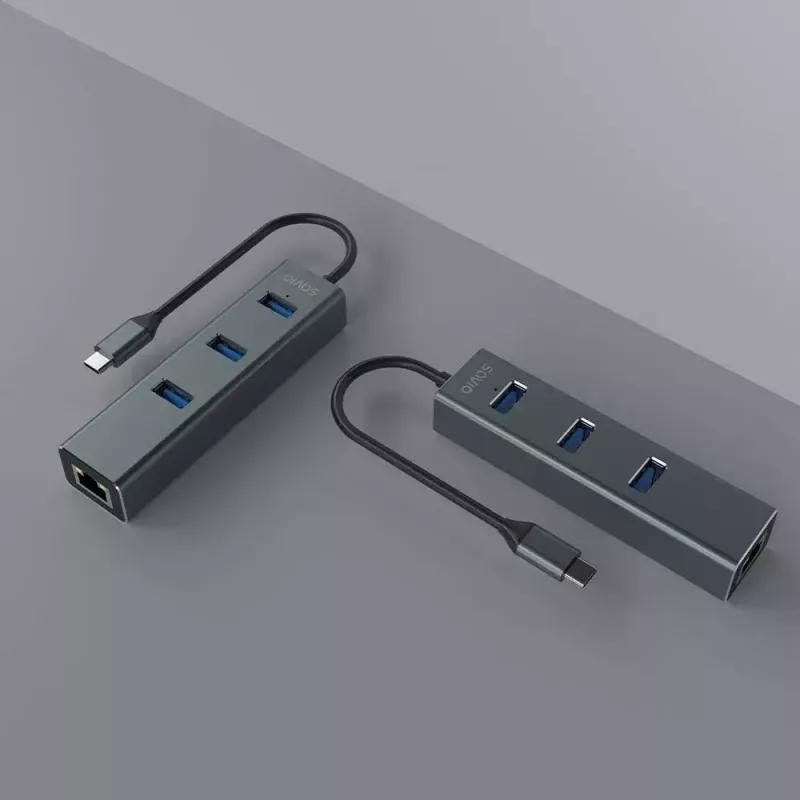 USB-C šakotuvas SAVIO AK-57 su 3× USB-A, RJ-45 Gigabit Ethernet (5000 Mbit/s), aliuminio pilka