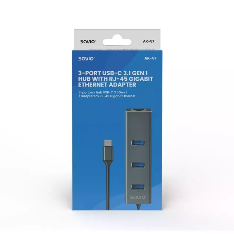 USB-C šakotuvas SAVIO AK-57 su 3× USB-A, RJ-45 Gigabit Ethernet (5000 Mbit/s), aliuminio pilka