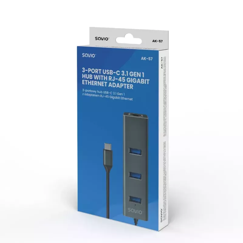 USB-C šakotuvas SAVIO AK-57 su 3× USB-A, RJ-45 Gigabit Ethernet (5000 Mbit/s), aliuminio pilka