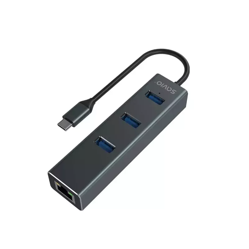 USB-C šakotuvas SAVIO AK-57 su 3× USB-A, RJ-45 Gigabit Ethernet (5000 Mbit/s), aliuminio pilka