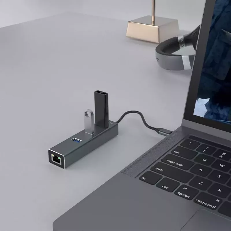 USB-C šakotuvas SAVIO AK-57 su 3× USB-A, RJ-45 Gigabit Ethernet (5000 Mbit/s), aliuminio pilka