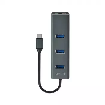 USB-C šakotuvas SAVIO AK-57 su 3× USB-A, RJ-45 Gigabit Ethernet (5000 Mbit/s), aliuminio pilka
